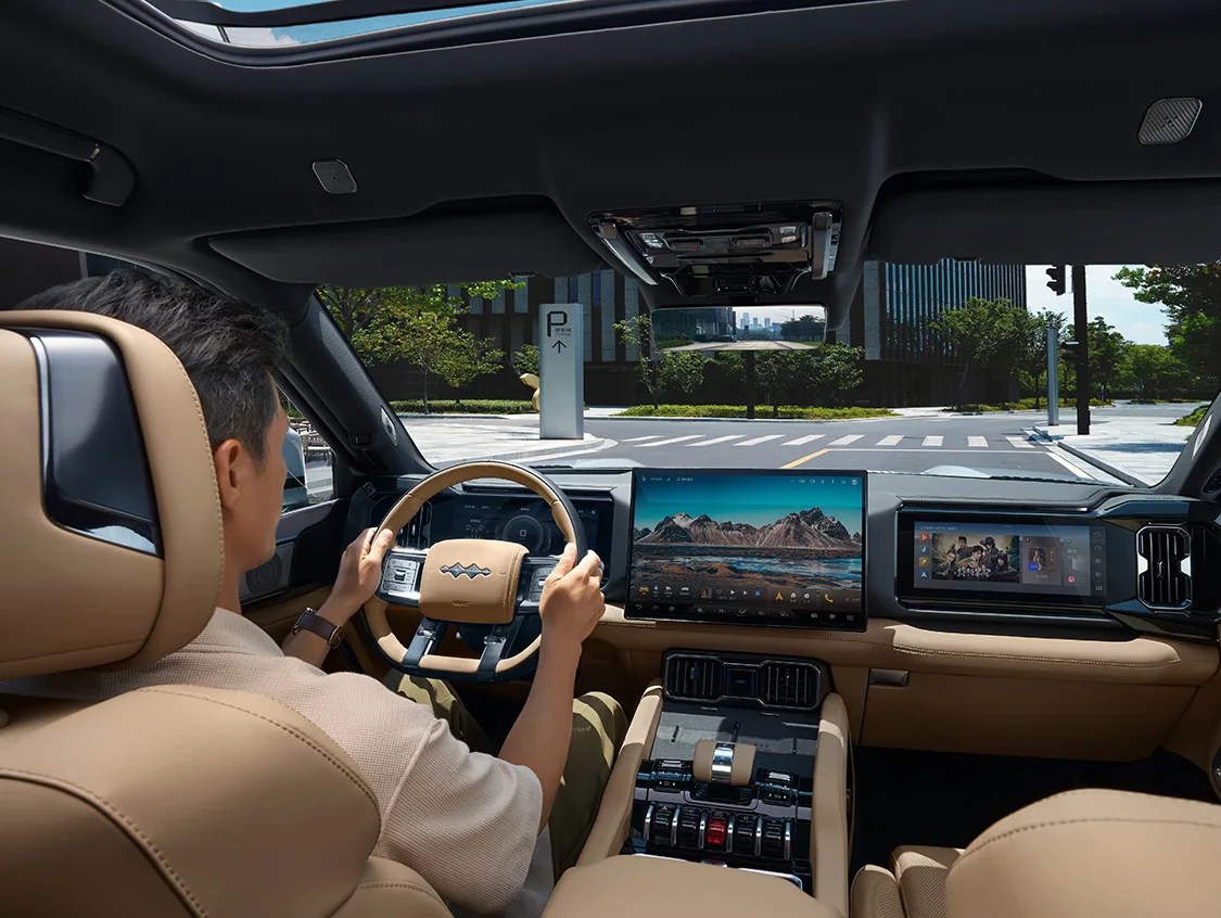 Bao 8 AI cockpit with 17.3-inch center display, 12.3-inch passenger screen, Devialet audio, and ambient lighting